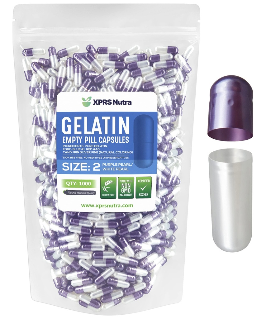 XPRS Nutra Size 2 Empty Capses - 1000 Count Empty Gelatin Caps - Χάπια DIY Capsule Filling - Pure Bovine Pill Gel Caps for Do-It-Yourself Συμπληρώματα (Pearl Purple/White)