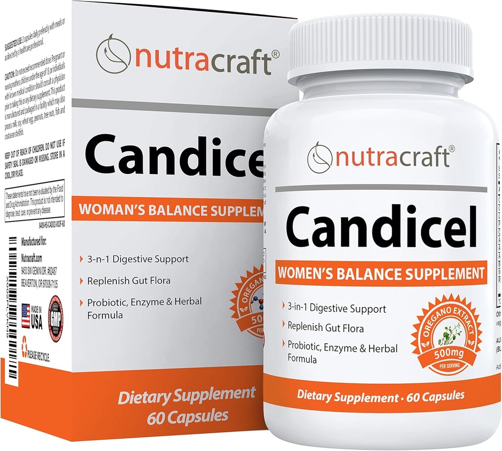 Nutracraft Candicel #1 Intestinal Flora Supplement | Caprylic Acid, Oregano, Wormwood, Black Walnut & Probiyotiks for Overgrowth Support | 60 Capsules (Non-GMO)