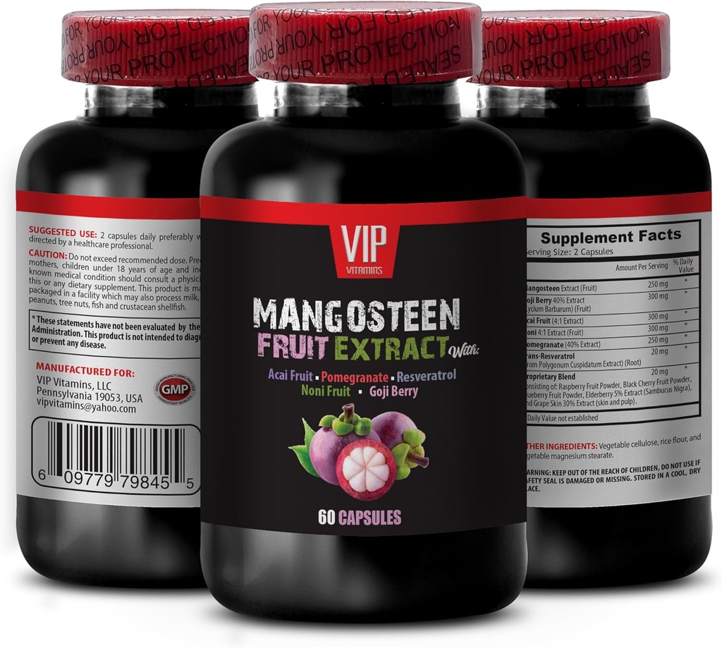 VIP VITAMINS Mangosteen, Mangosteen Extract - Mangosteen Fruit Extract - Acai Berry, Goji Berry, Pomegranate, Noni, Trans-Resveratrol, Elderberry Fruit, Grape Skin - 1 Bottle 60 Capsules