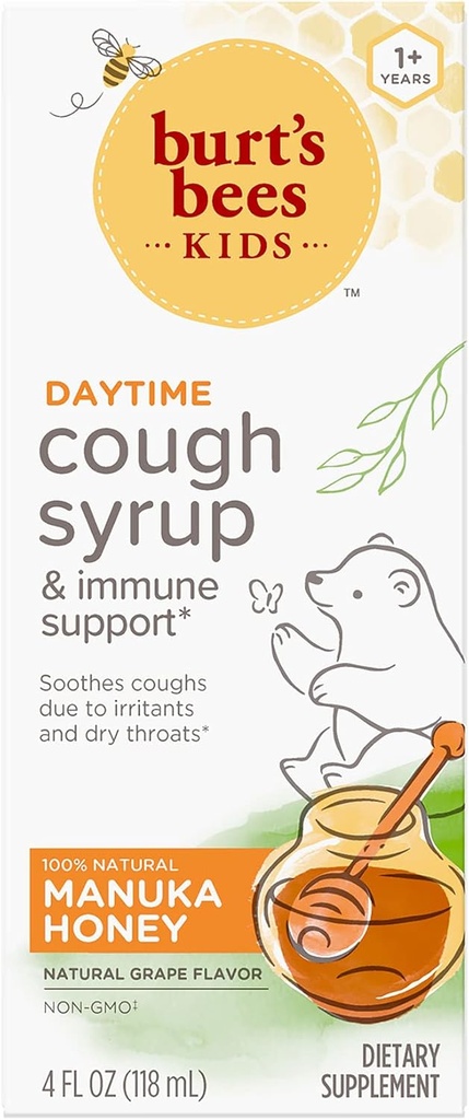 Burt's Bees Kids Daytime Cough Syrup ve Immune Support, Natural Grape Flavor, Dietary Supplement, 4 Fl Oz Oz Oz