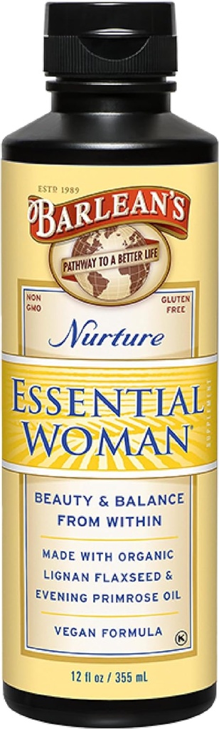 Barlean του Essential Woman Liquid Supplement για τις γυναίκες, οργανικό λιναρόσπορο και Βραδινό έλαιο Primrose για υγιή μαλλιά, νύχια και δέρμα, Ωμέγα 3 6 9 και GLA, 12 oz