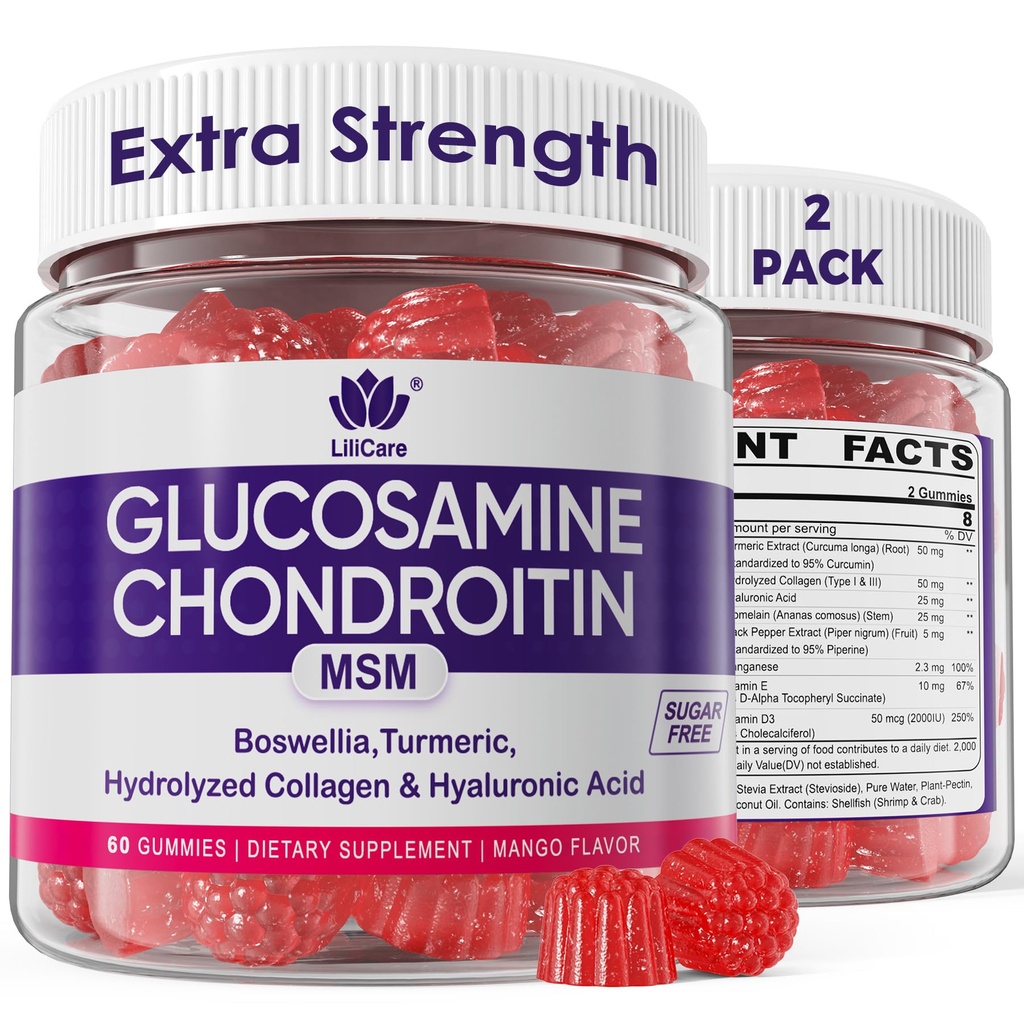 Glucosamine Chondroitin Gummies, Sugar Free Glucosamine Chondroitin MSM Supplement, Boswellia Turmeric, Hydrolyzed Collagen & Hyaluronic Acid, Bone Health for Men & Women, 120 Cts