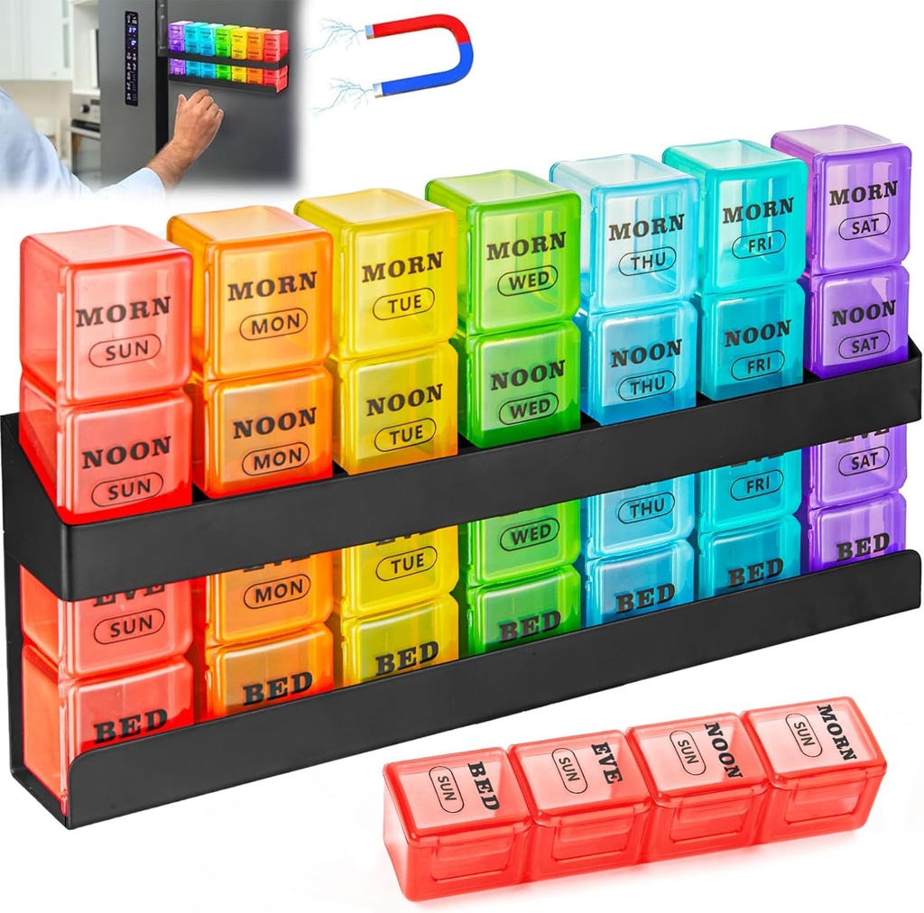 Pill Organizer 4-Times a Day: Weekly Pill Box 7 Day with Magnetic Rafel - Μεγάλα Διαμερίσματα Pill Case - Αφαιρούμενη Φαρμακευτική Organizer Dispenser for Fish Oils Vitamin Holder Supplement (Ουράνιο τόξο)