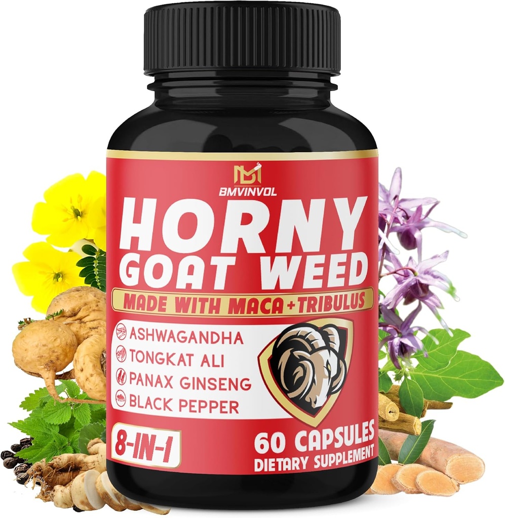 BMVINVOL Horny Goat Weed Capsules with Tribulus, BTC, Ashwagandha, Maca, Tongkat Ali, Nettle, Black Pepper - 60 Kont