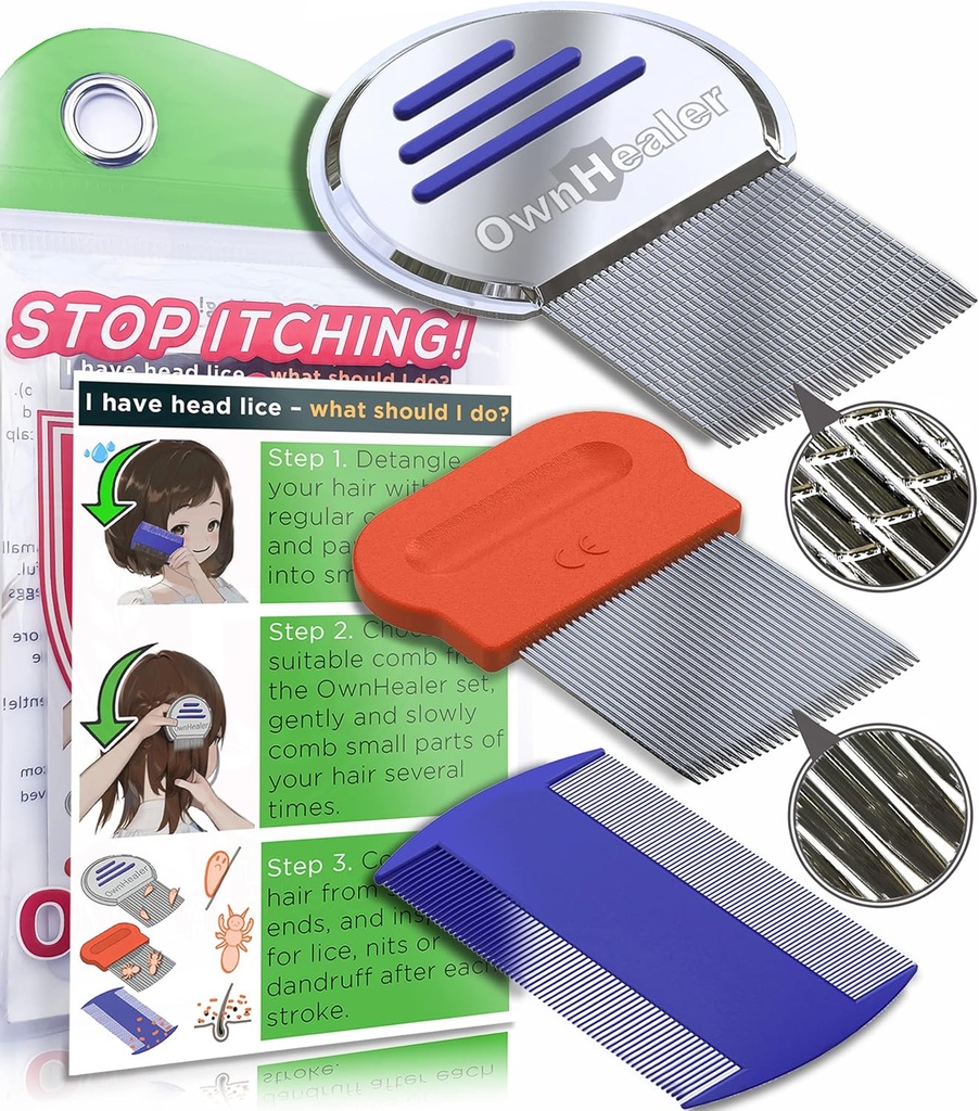 OWNHEALER Profesyonel Lice Comb Kit - Lice, Nits ve Dandruff Removal için. Head Lice Tedavisi için Hızlı Sonuçlar - Tüm Saç Türleri için Uygun. Peine para piojos y yalanndres.