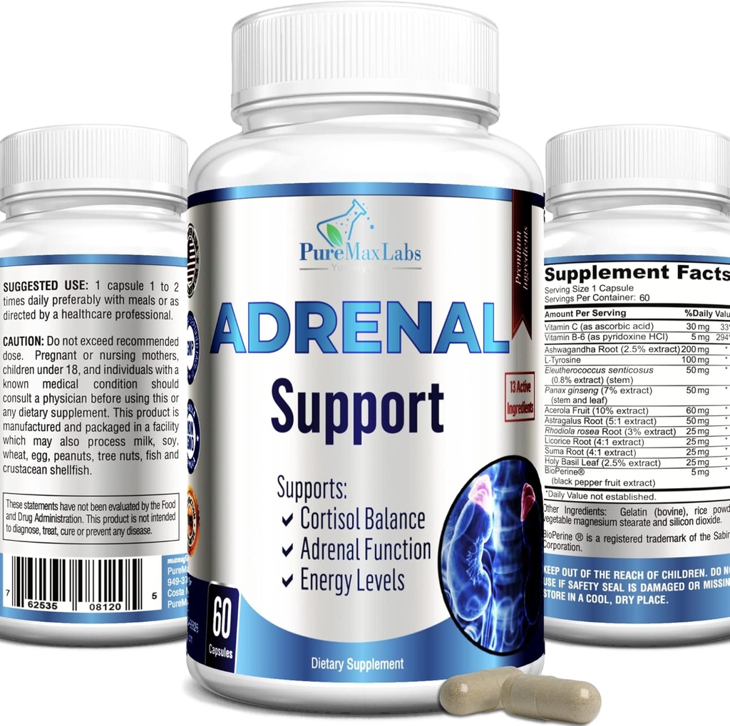 Adrenal Destek, Cortisol Manager, Adrenal Health, Dengeli Cortisol Seviyeleri, Ashwagandha ile Stres Yardım Supplement, L-Tyrosine - 60 Capsules