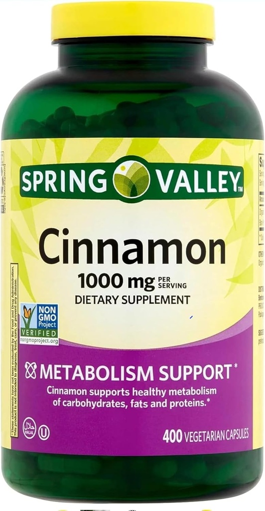 Spring Valley Cinnamon Supplement 1000 mg, 400 Vegetarian Capsules, Contains Cassia, Not Ceylon. General Wellness için herbal Supplement. Luall