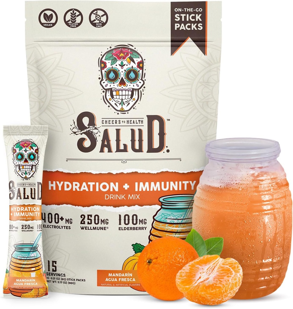 Salud 2-in-1 Hydration Packets + Ανοσία Ηλεκτρολυτές σε σκόνη, Μανδαρινικά - Agua Fresca Drink Mix, Elderberry, Γαλακτοκομικά & Σόγια Χωρίς, Μη ΓΤΟ, Χωρίς Γλουτένη, Vegan, Χαμηλή θερμίδα, 1g Ζάχαρη (15 Σερβιέτες)