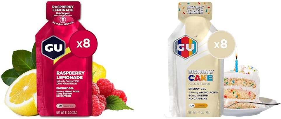 GU Ενέργεια Gel 8-Count Βατόμουρο Λεμονάδα και τούρτα γενεθλίων Αθλητικά Διατροφή Ενέργεια Gel Bundle