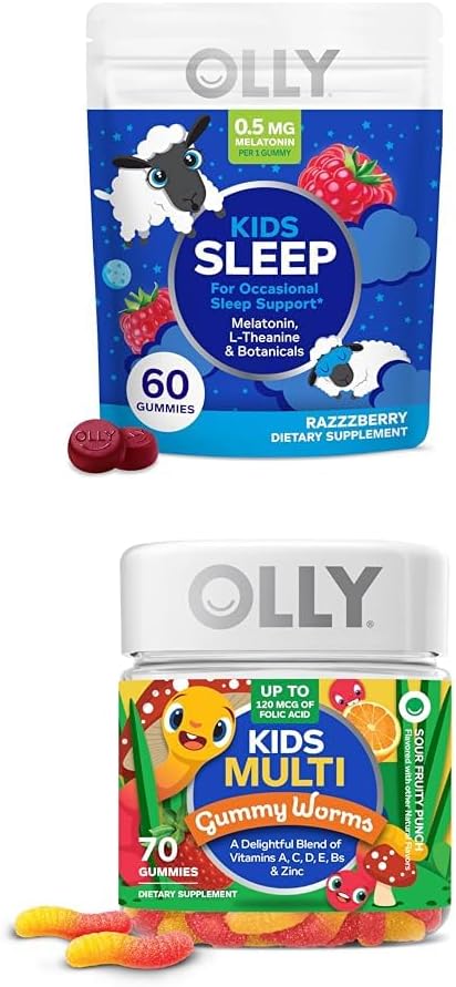 OLLY Kids Sleep Gummy, Melatonin, L Theanine, Chamomile, 60 Count and Kids Multivitamin Gummy Worms, Vitamins A C D E Bs çinko, 70 Kont