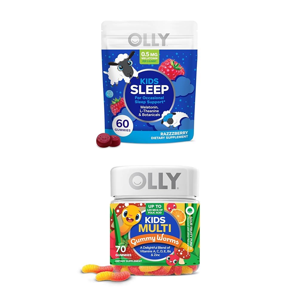 OLLY Kids Sleep Gummy, Melatonin, L Theanine, Chamomile, 60 Count and Kids Multivitamin Gummy Worms, Vitamins A C D E Bs çinko, 70 Kont