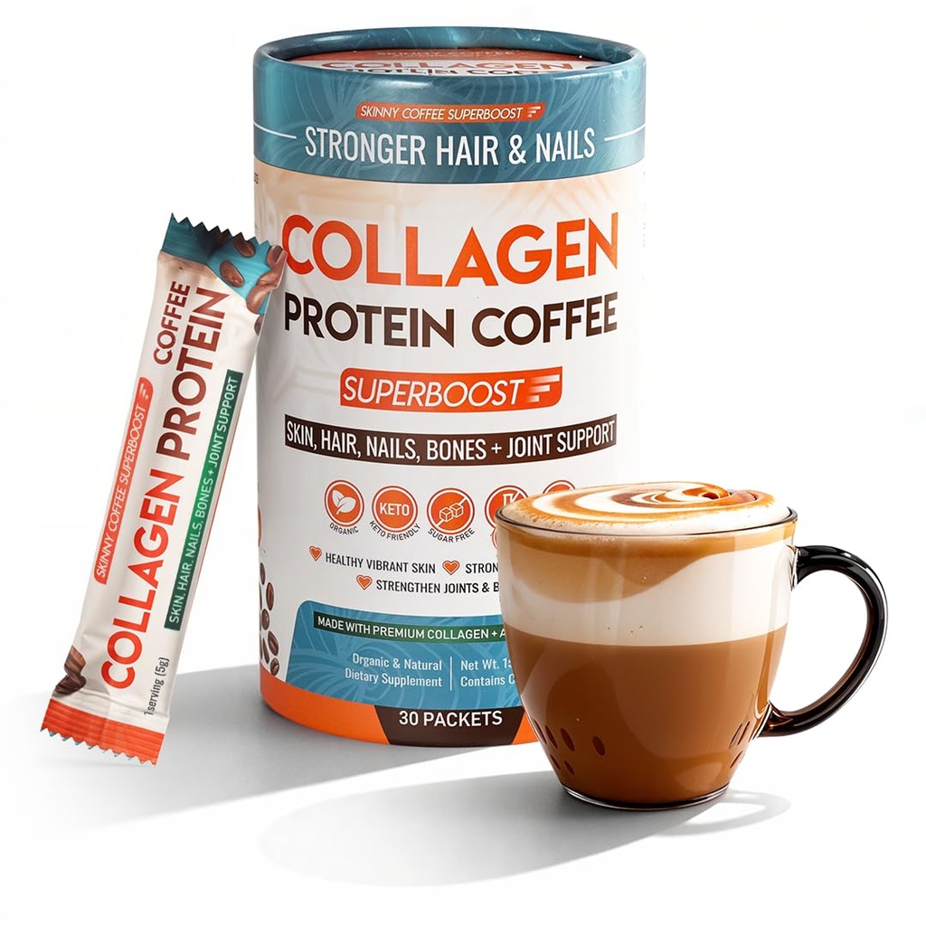 Collagen protein Kahve Powder Toz - Better Focus, Energy, Digestion, Bloating & Immunity for Women & Men | Supports Glowing Skin, Hair, Nail, Skin, Bone & Ortak Sağlık | 30 Hizmet
