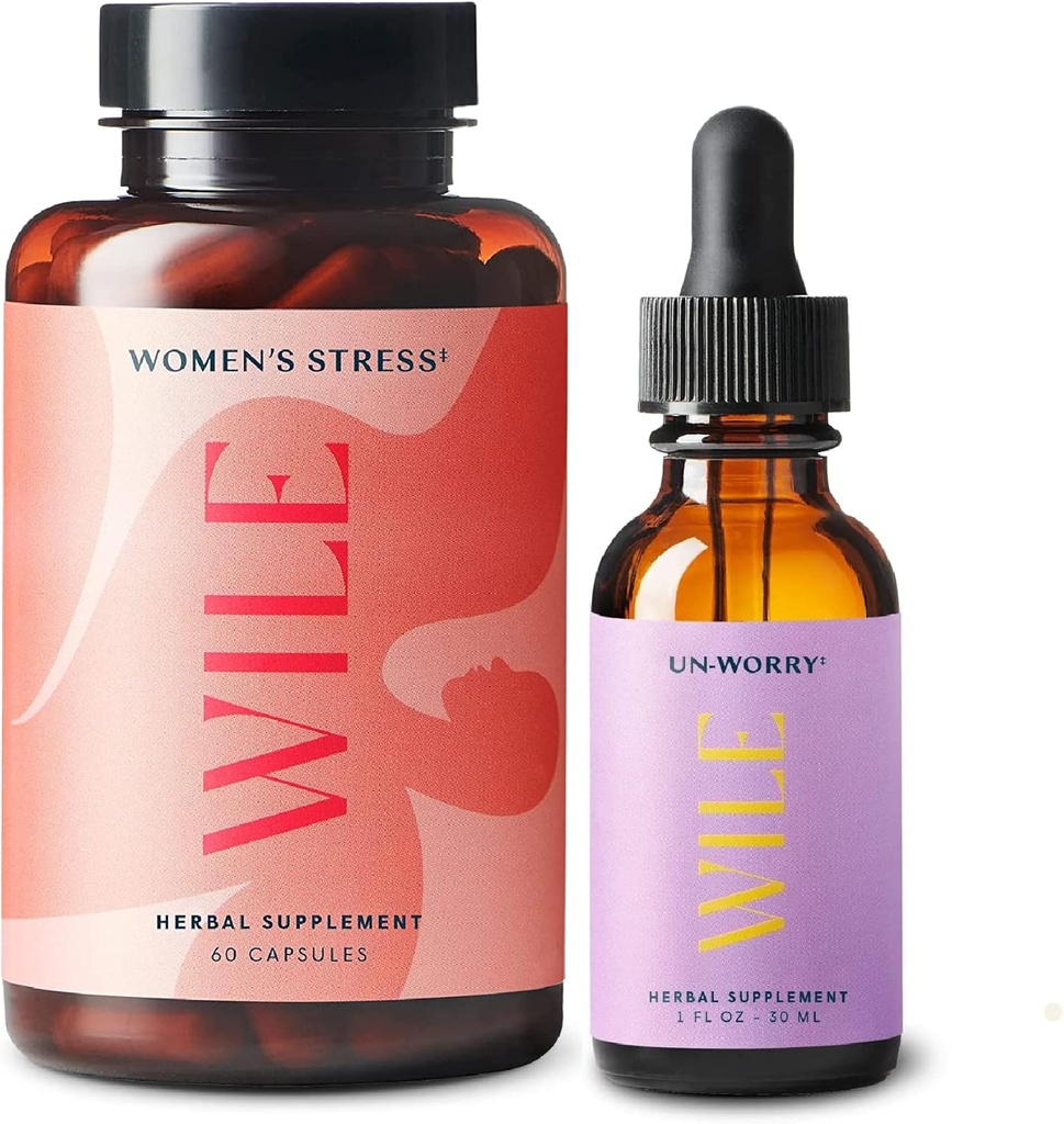 Wile Women's Stress Relief Supplement & Un-Worry Drops, 2-Pack, Women, (1) Şişe Herbal Supplements 60 Capsules & (1) Stres Yardımı Tincture, 1fl ozzry