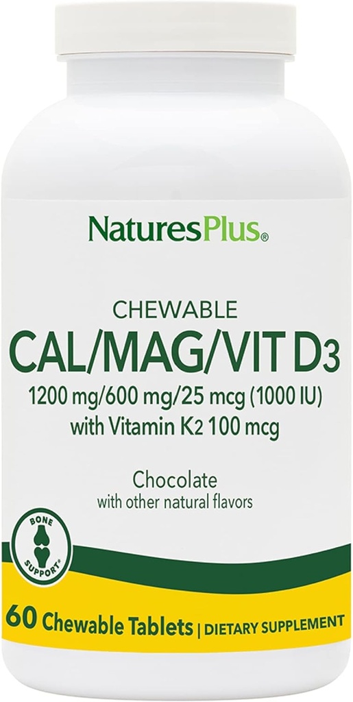NaturesPlus Cal/Mag/VIT D3 with Vitamin K2-60 Chewable Tablets - Chocolate Flavor - Calcium, Magnesium, Vitamin D3 & K2 Bone Health Support Supplement - 30 Servings
