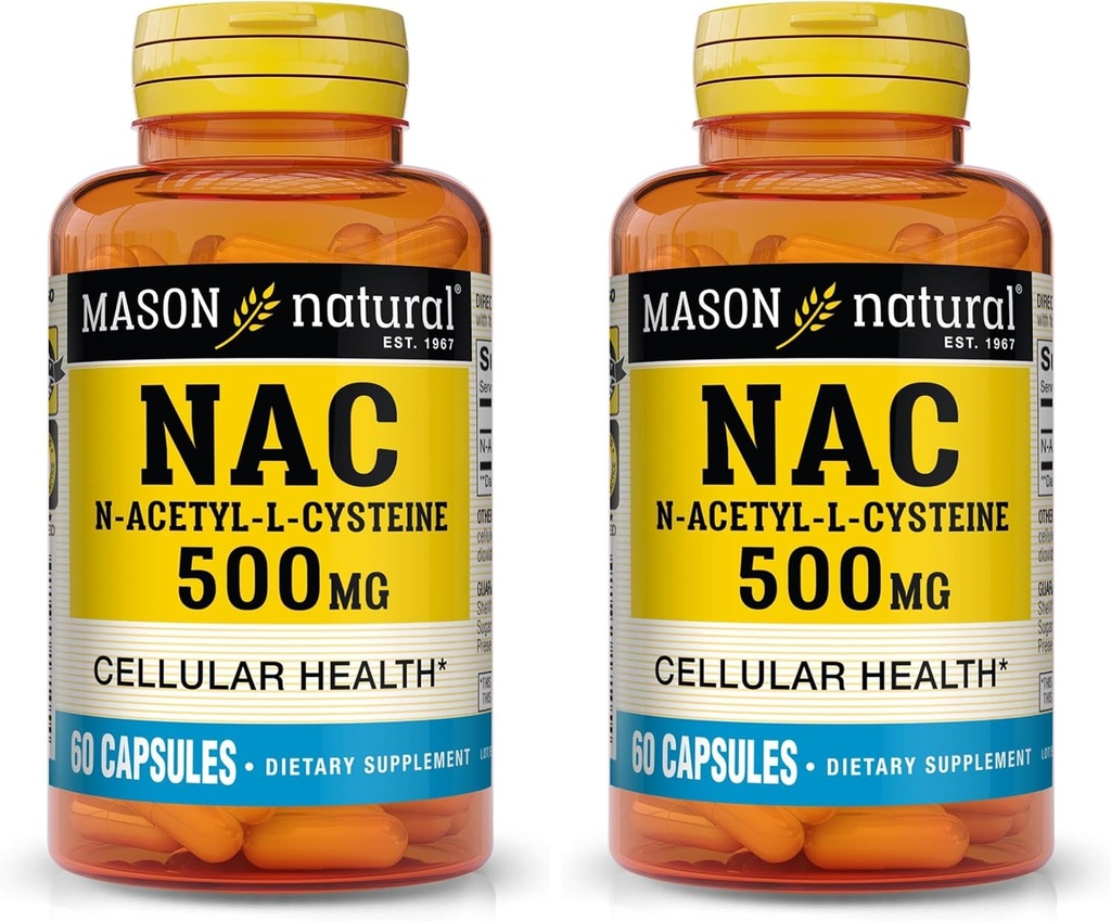MASON NATURAL NAC N-Acetyl L-Cysteine 500 mg - Supports Cellular Health, Immune System ATM, for General Wellness, 60 Capsules (Pack of 2)