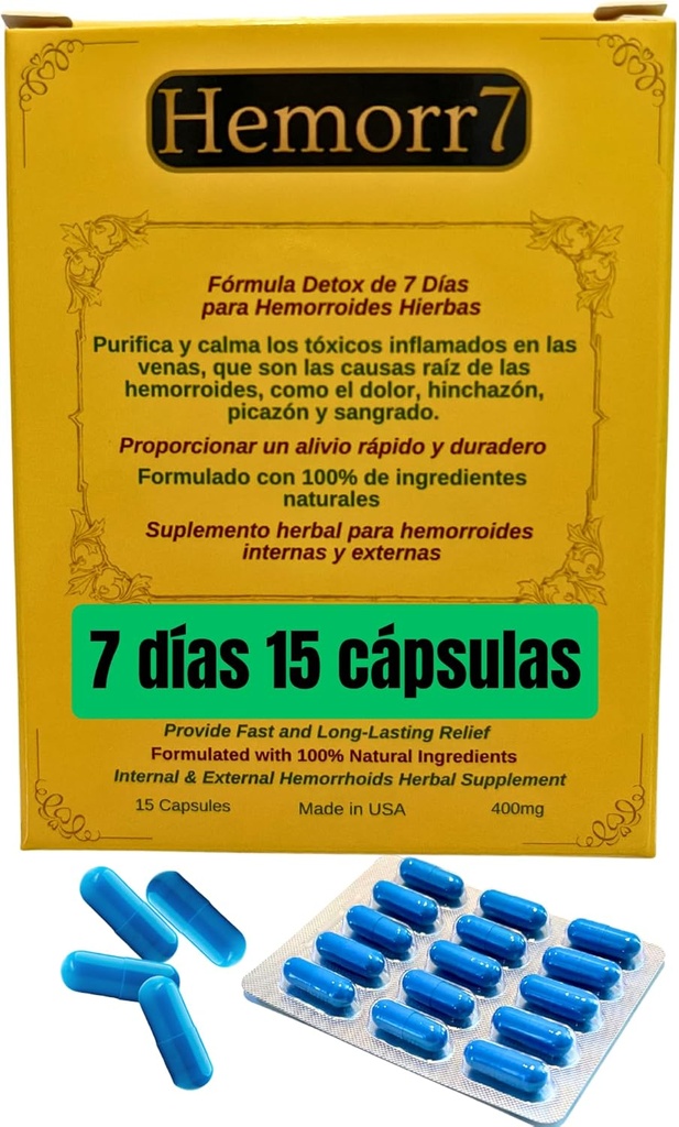 Hemorr7: 7Günler 15 Capsules Herbal Hemorrhoid Detox Formula,Fórmula Herbal para desintoxicar las hemoroidler Durante 7 días