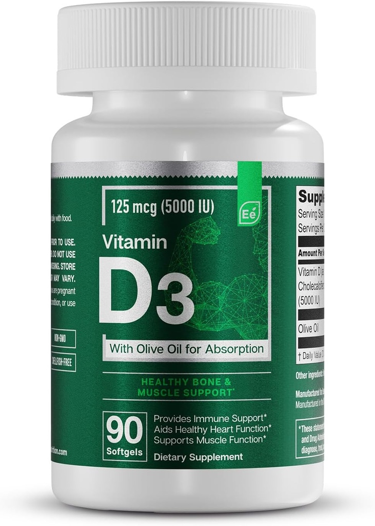Ουσιώδη Στοιχεία D3 Βιταμίνες 5000 IU Softgels με Ελαιόλαδο για Οστική, Μυική και Ανοσοποιητική Υποστήριξη