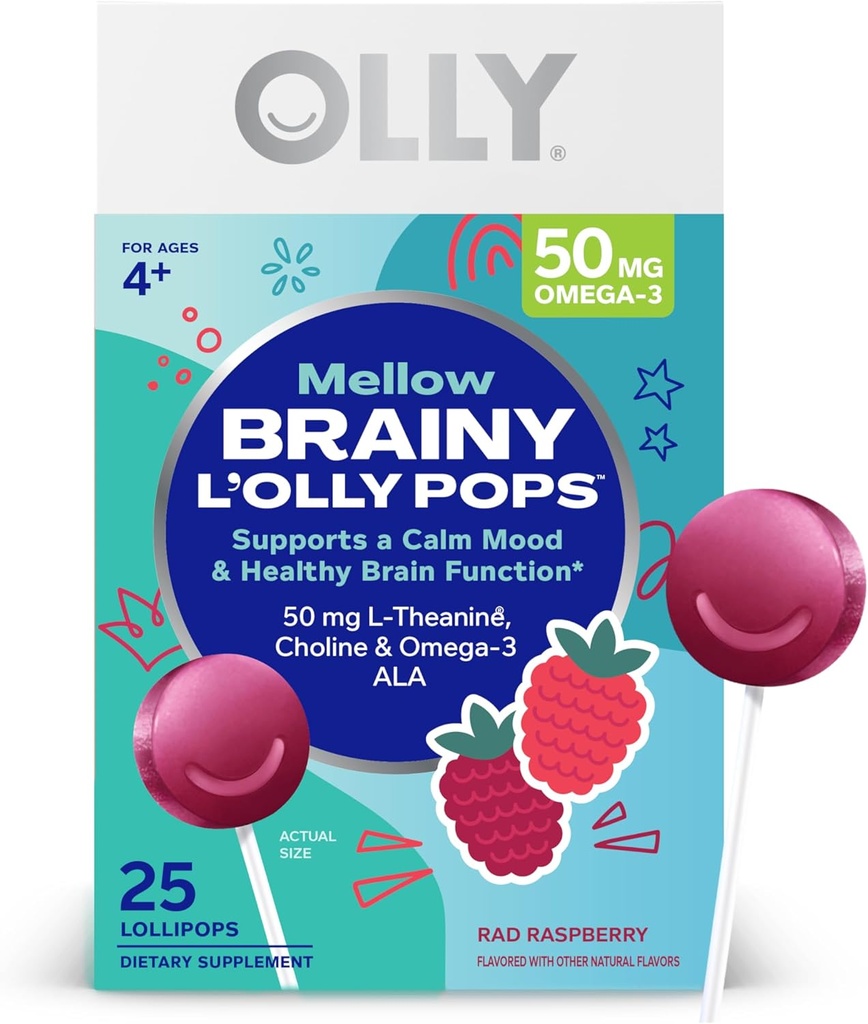 OLLY Mellow Buddies L'OLLY Pops, L-Theanine, Choline, Omega-3 ALA, Çocuklar Diyetsel Tamam Lollipoplar, Calm Mood & Health Brain Function,* Count, Raspberry Flavored, 25