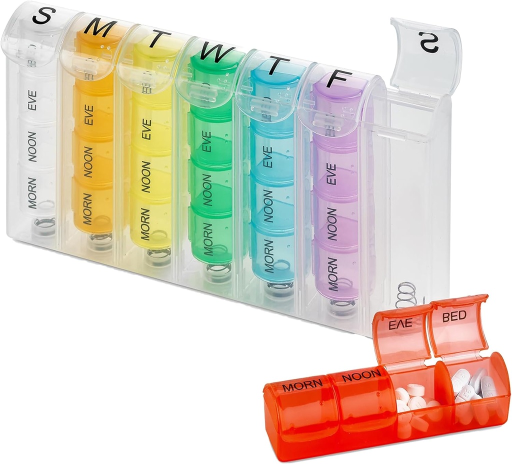 Haftalık Pill Organizer - Pills ve Vitaminler Günü Haftası için Pill Planlayıcı, 4 Times-a-Day Drug Hatırla, AM PM Karşılaştırmalar Pazartesi günü Seyahat veya Purse için Pazar