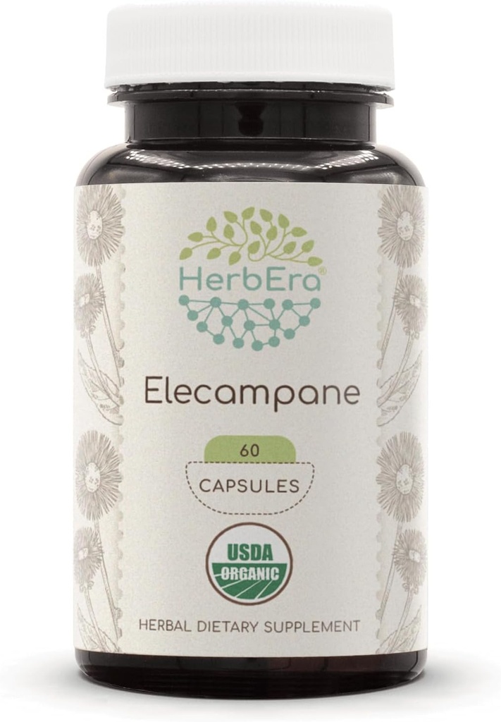 HerbEra Elecampane 60 USDA Organik Capsules, 500 mg, Elecampane (Inula Helenium) kıl Kök (60 Capsules)