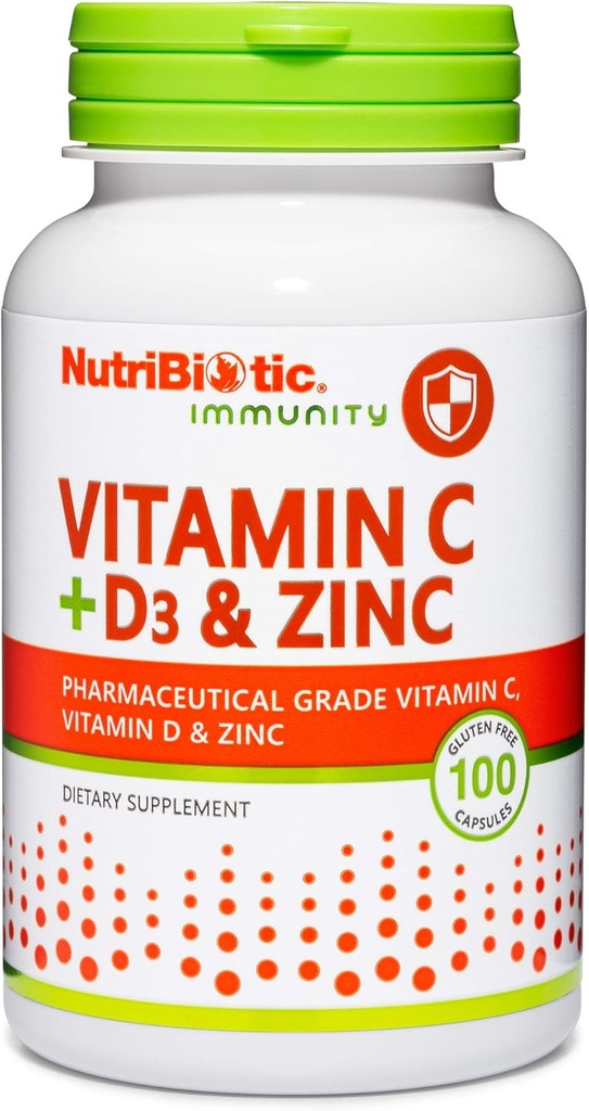 NutriBiotic Vitamin C + Vitamin D3 & çinko, 100 Capsules | Potent, C Kapsamlı Immune Support | Essential & Antioxy Daily Supplement | Gluten & GMO Free