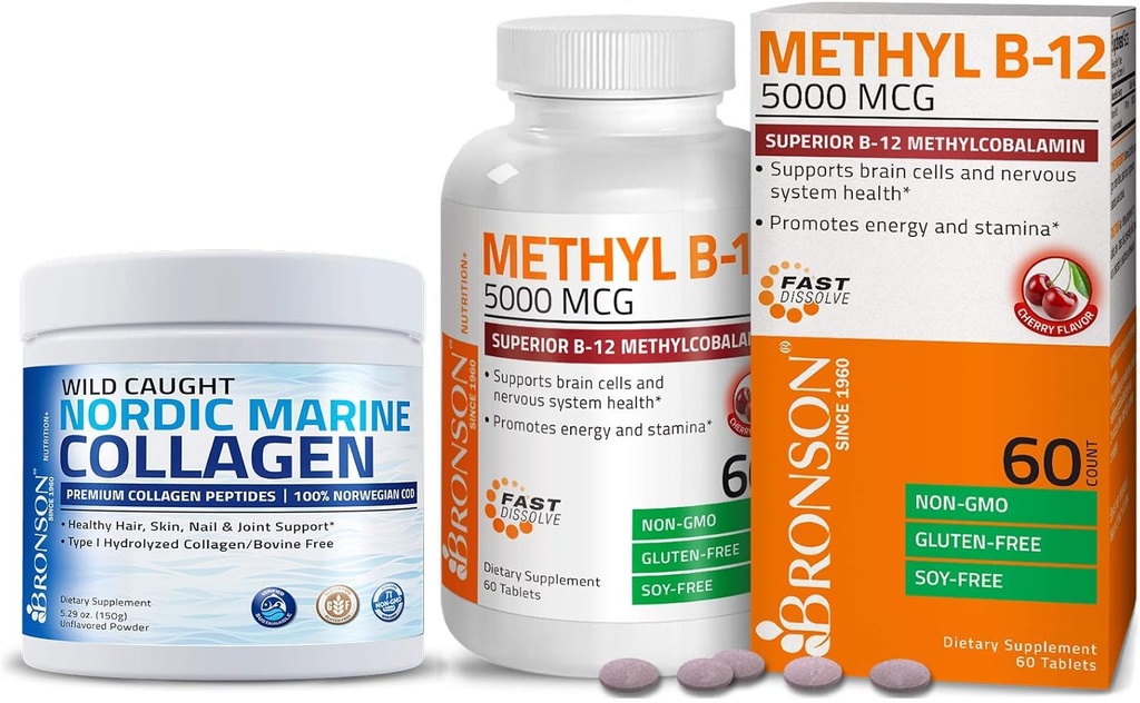 Bronson Marine Collagen Peptides Hydrolyzed Protein Powder + Methyl B12 5000 mcg Βιταμίνη B12 Methylcobalamin