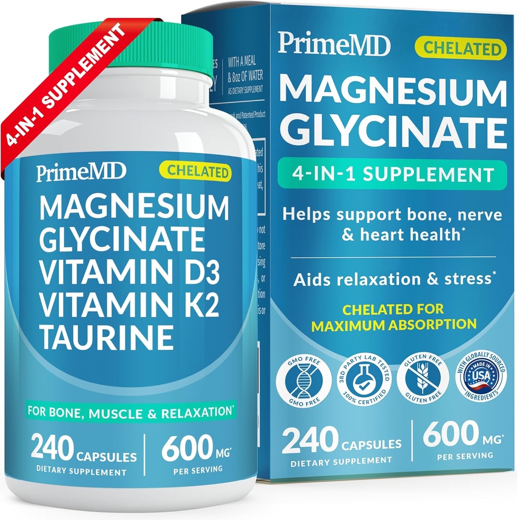 4-in-1 Chelated Magnezyum Glycinate 500 mg with Taurine - Bone, Muscle & Relaxation - Magnezyum Glycinate Capsules with Vitamin D3 K2 - Non-GMO & Gluten Free (240 ct)
