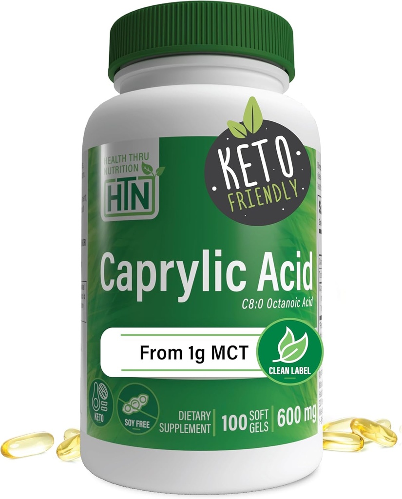 Sağlık Thru Beslenme Caprylic Acid 600 mg 100 Softgels | C8 Octanoic Acid from Pure 1g MCT Oil | Non-GMO & Soy Free | Sağlıklı Digestive and Intestinal Health | Keto Friendly