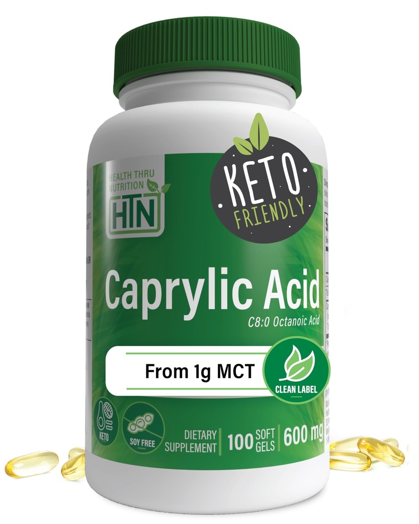 Sağlık Thru Beslenme Caprylic Acid 600 mg 100 Softgels | C8 Octanoic Acid from Pure 1g MCT Oil | Non-GMO & Soy Free | Sağlıklı Digestive and Intestinal Health | Keto Friendly