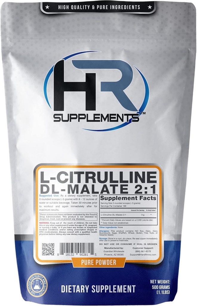 Συμπληρώματα HR L-Citrulline DL-Malate 2:1 Κόνις, 500 γραμμάρια (1.1 Lbs), Άγευστα, Lab-Tested, Scoop Περιλαμβάνονται
