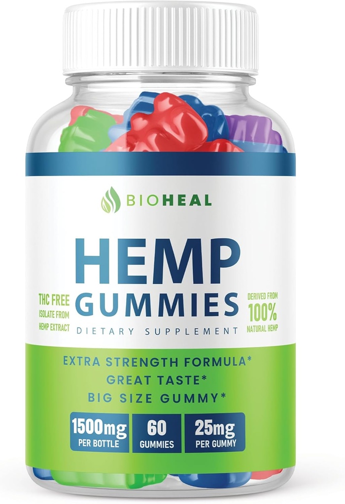 BioHeal Gummies - Επίσημη Formula - Bioheal Gummies με εκχύλισμα κάνναβης Extra Strength Performance Hemp Blend, Great Taste, Bio Heal Big Size Gummy, New 2023 1500mg ανά φιάλη New 2023 (60 Gummies)