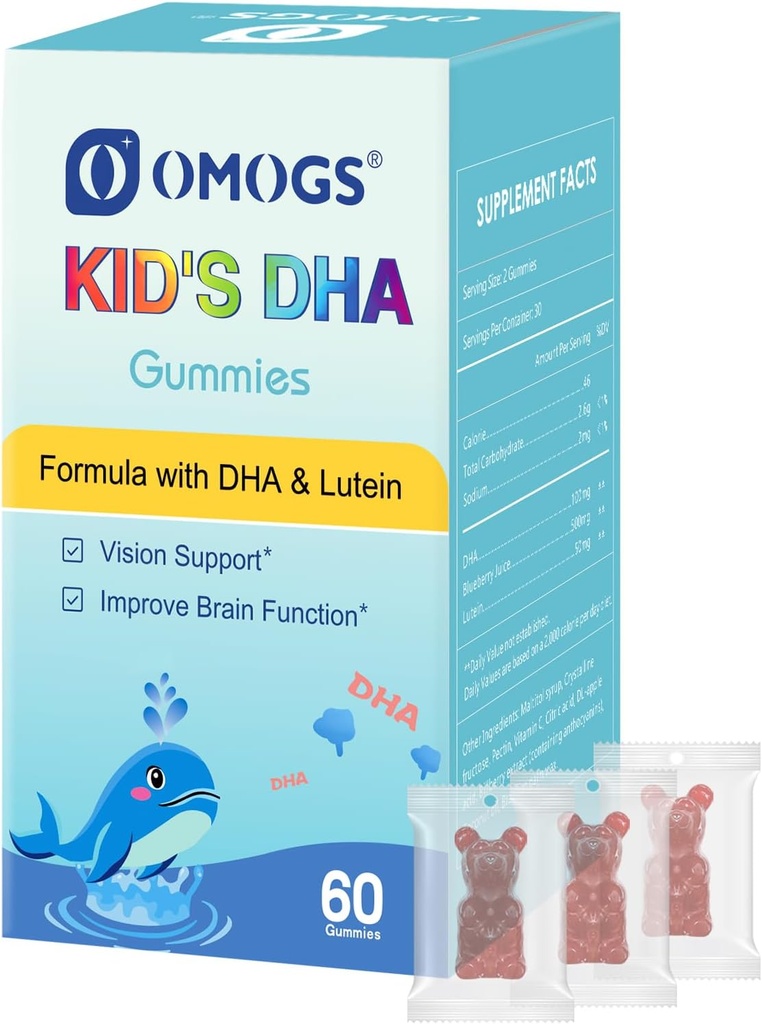 OMOGS Παιδικό DHA Blueberry Flavoured Gummies, με Lutein, Omega-3 & Βιταμίνη C Algae DHA, για την υγεία των ματιών, την υγεία του εγκεφάλου και υγιής ανοσία, Gluten Free, Vegan, 60 Gummies.