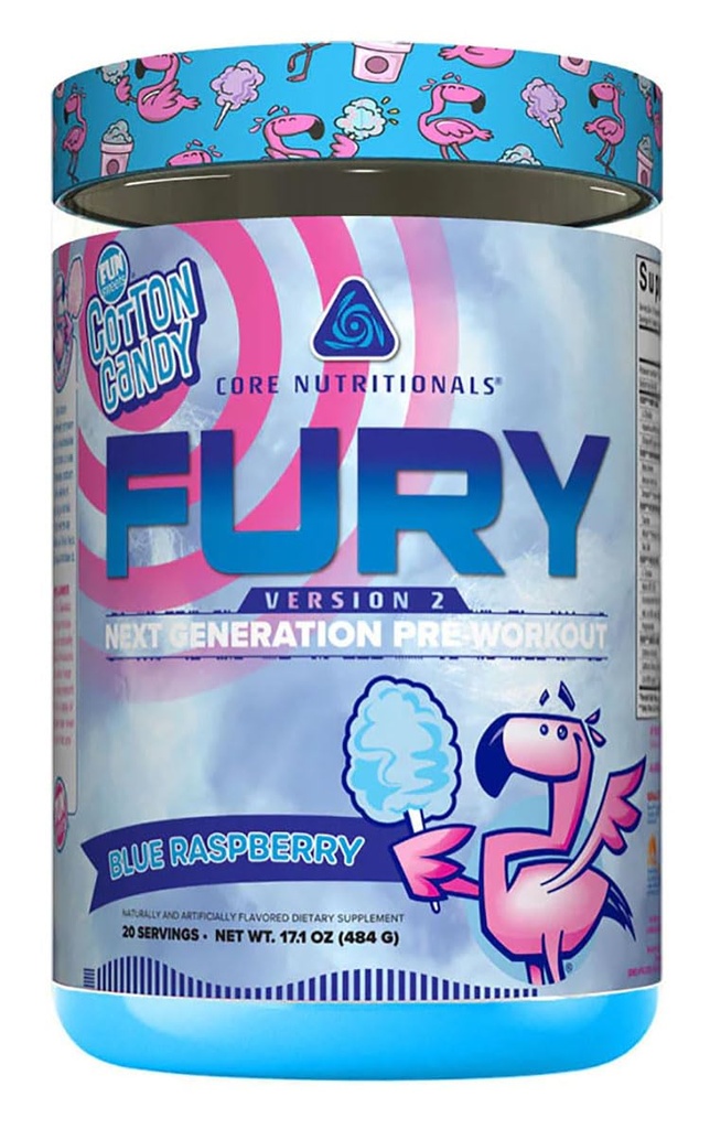 Core Nutritionals Fury V2: Jim W/Zum-XR® Caffeine, L-CItruline ve Alpha GPC (40 Scoops) (Fun SweetsTM Blue Raspberry)