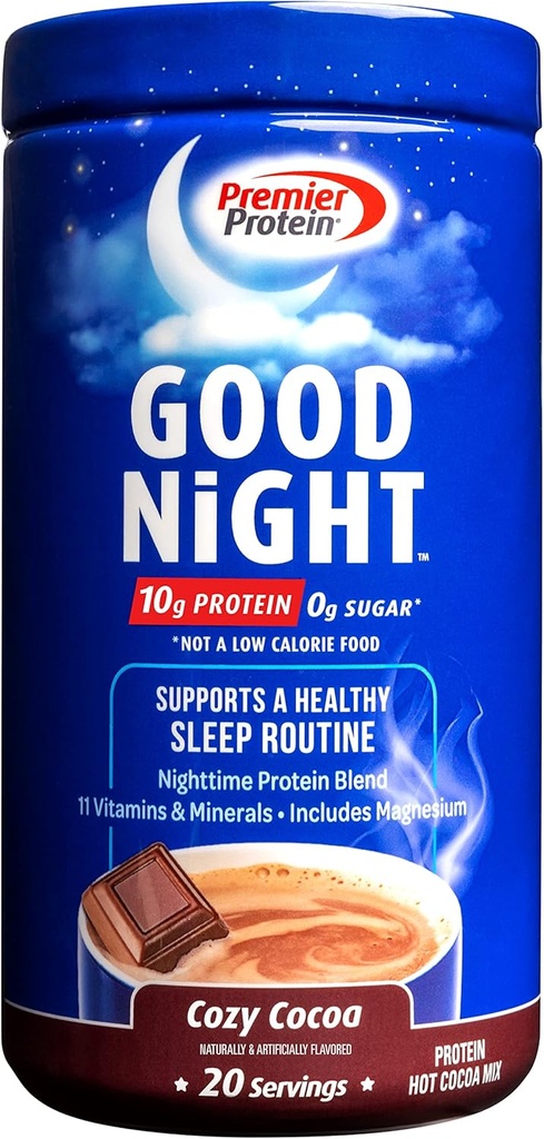 Premier Protein Good Night protein Toz, Hot Cocoa Mix, 10g protein, 0g Sugar, 11 Vitamins & Minerals, Nighttime proteini, Magnezyum, çinko, 20 Serve, 1 Tub