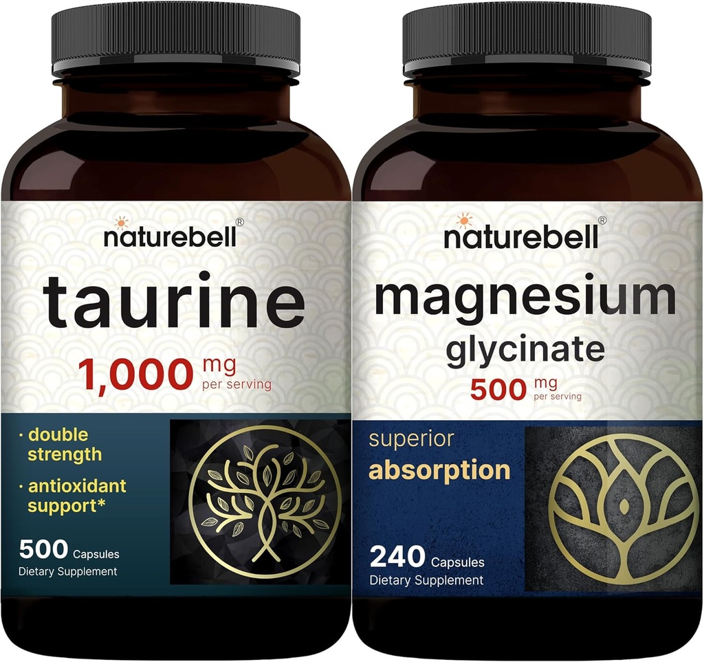 NatureBell Magnesium Glycinate Capsules 500mg & Taurine Capsules 1,000mg Per Serving Bundle Pack | Chelated & Purified Mineral | Essential Amino Acids Supplement