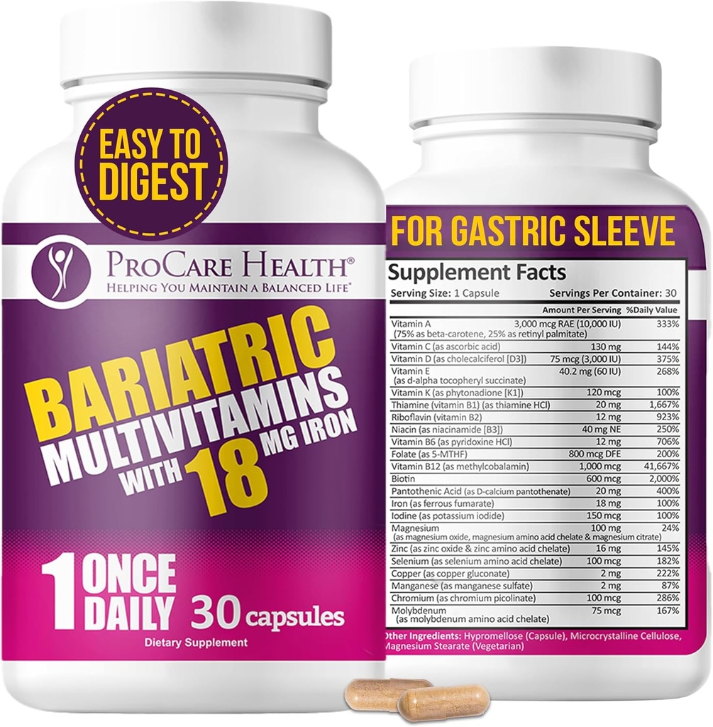 ProCare Health Bariatric Multivitamin with Iron 18 mg (30 Easy to Swallow Capsules) - Gastrik Bypass Pills için Post Op Bariatrik Vitaminleri - Kol Hastalar için Musts (1 Ay Supply)