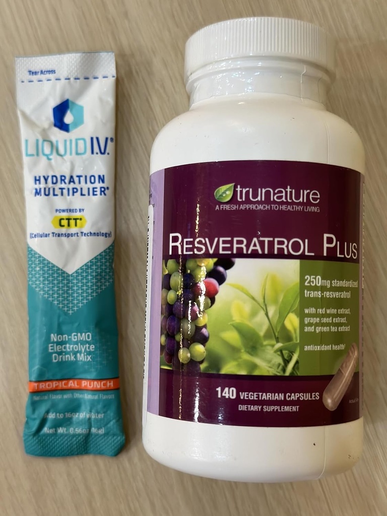 HealthEmpire Costco Trunature Vitamins Sche, Resveratrol Plus 140 Vejetaryen Capsules and Liquid I.V. Hydration Multiplier 1 Stick Packed Poly Bag (1)