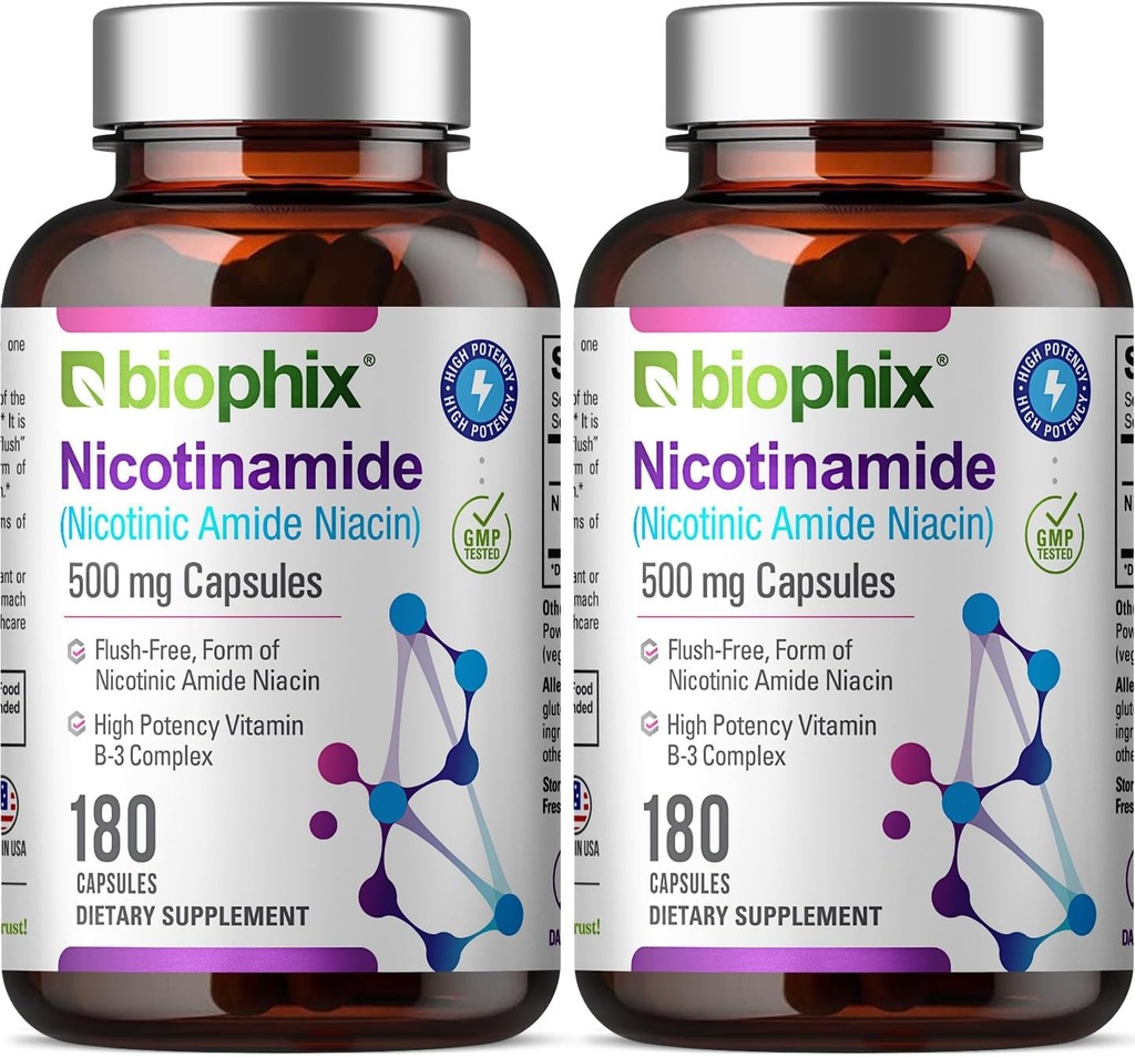 biophix B-3 Nicotinamide 500 mg 180 Caps 2 Pack - Νικοτινικό αμίδιο Νιασίνη Φυσικό Flush-Free Vitamin Formula - Υποστηρίζει την υγεία των κυττάρων του δέρματος