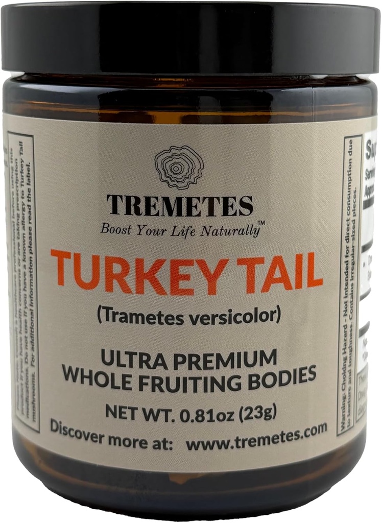 Türkiye Tail Mushroom (Trametes versicolor) Meyveli Vücut - Lab Onaylandı 41.2% Beta-Glucans - Çay için Tüm Parçalar - Destekler Immune, Gut & Digestive Health – Amber Glass Jar Jar Jar