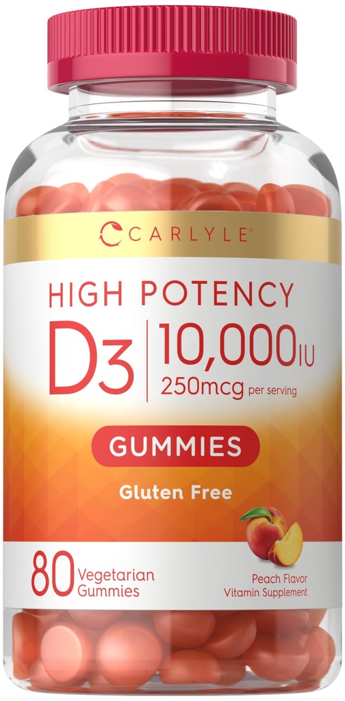 Carlyle Vitamin D3 10000iu Gummies for Yetişkinler | 80 Kont | Peach Flavored Gummy | Kadınlar ve Erkekler için yüksek Potency | Vegetarian, Non-GMO, Gluten Free Supplement Supplement Supplement