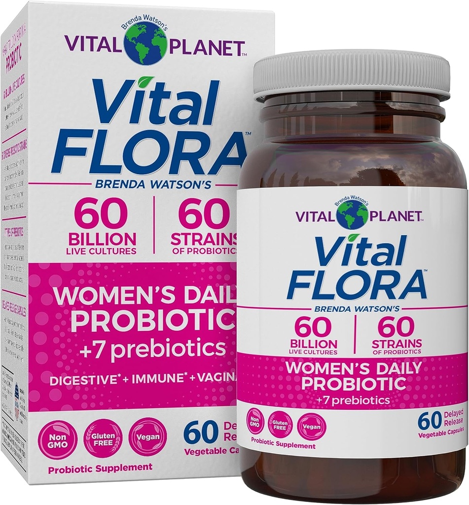 Vital Planet - Vital Flora Γυναικεία Καθημερινή Προβιοτική 60 Δισεκατομμύρια CFU, 60 Diverse Strains, 7 Βιολογικά Πρεβιοτικά, Κολπική και Ανοσολογική Υποστήριξη, Bloating, Digestive Health Probiotics για τις γυναίκες 60 Κάψουλες