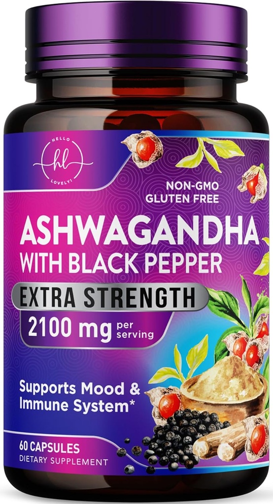 Ashwagandha 2.100 mg - Ashwagandha Συμπληρώματα για γυναίκες σε κάψουλες Veggie με εκχύλισμα σκόνης & ρίζας, Μαύρο πιπέρι για υψηλή απορρόφηση, Plant Based, μη-GMO, Εμφιαλωμένο στις ΗΠΑ - 60 κάψουλες λαχανικών