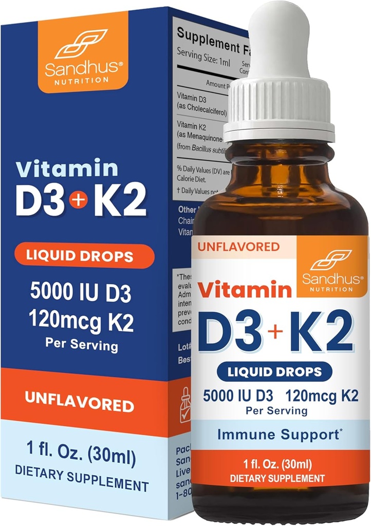 Sandhu'nun Yetişkinler için D3 K2 Drops | 5000 IU D3 Sıvı, 120 C2 Supplement 1 Fl Oz (Pack of 1) | D3K2 Supports Superior Abpole, Enerji, Immune, Kas Health for Men & Women