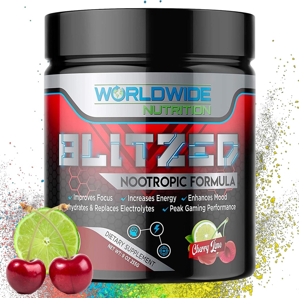 Worldwide Nutrition Blitzed Nootropic Formula - All Natural Energy Drink Mix Toz - Brain Supplements for Memory and Focus - Geliştirilmiş Focus and Energy Supplement- Cherry Lime Flavor - 30 Hizmet