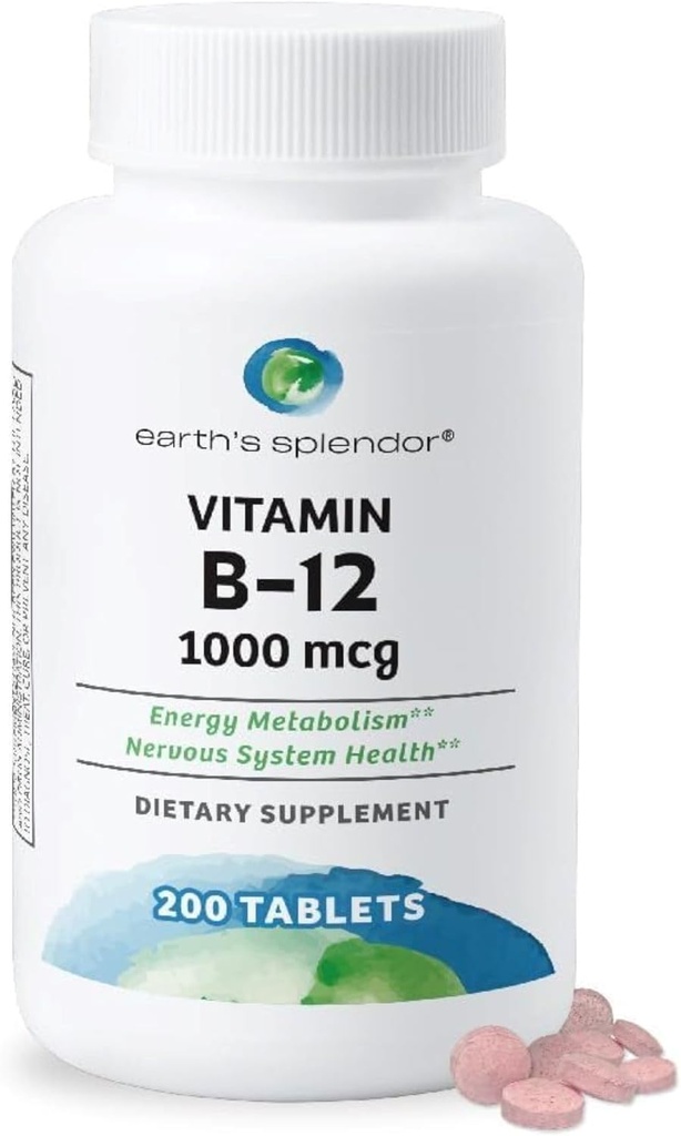 Dünya Splendor Energy Supplements, Vitamin B12, Yapay Renk veya Flavor, Gluten Free, Enerji Metabolism Desteği (1000mcg, 200 Tablet)