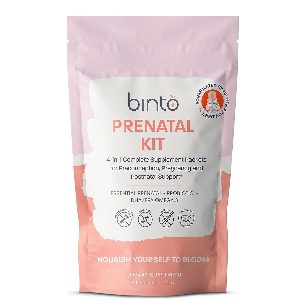 Binto Prenatal Kit - 4-in-1 Sağlıklı Anne & Bebek - 30 Gün Supply - Multivitamin, Probiyotiks, Iron, DHA, Meden ve Folic Asit - Non-GMO, Gluten-Free, Vegetarian, Gluten-Free, Vegetarian