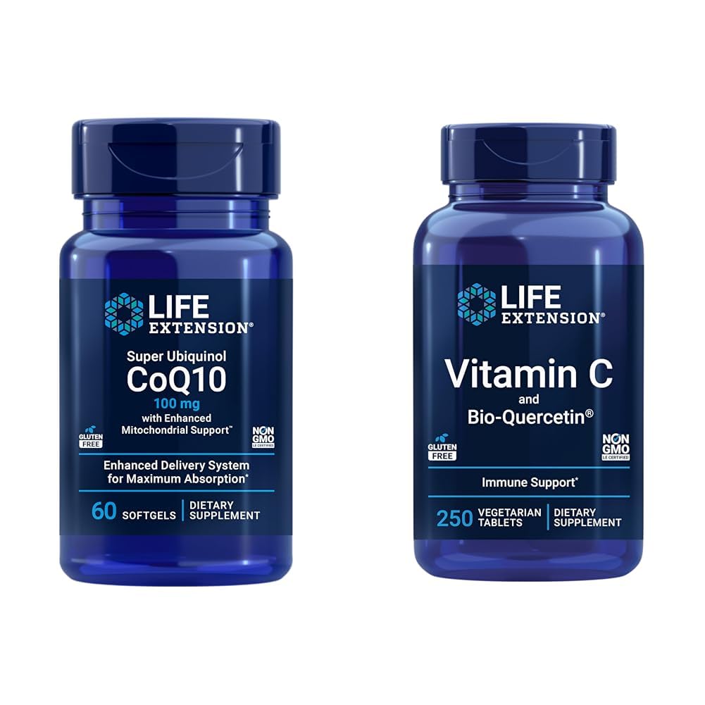 Επέκταση ζωής Super Ubiquinol CoQ10 60 Softgels και βιταμίνη C & Bio-Quercetin Φυτοσώματα 250 δισκία Δέσμη για την καρδιά, την κυτταρική ενέργεια, το ανοσοποιητικό και τη συνολική υποστήριξη της υγείας