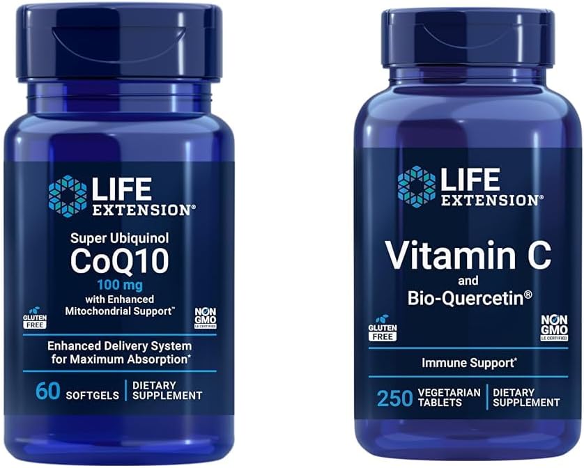 Επέκταση ζωής Super Ubiquinol CoQ10 60 Softgels και βιταμίνη C & Bio-Quercetin Φυτοσώματα 250 δισκία Δέσμη για την καρδιά, την κυτταρική ενέργεια, το ανοσοποιητικό και τη συνολική υποστήριξη της υγείας