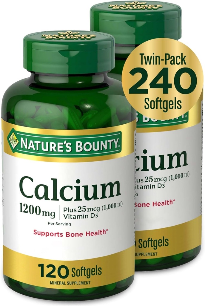 Nature's Bountyuba 1200 mg with Vitamin D3 - Bone Health Softgels, Kalsiyum ve Vitamin D Supplement, 120 Ct (2-Pack)