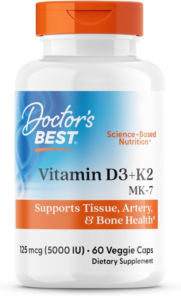 Doktor'un En İyi Vitamin D3 + K2 (Vitamin K2 MK-7 olarak), Destekler Bone, Tound, & Arterial Health,uba Abxia • Non-GMO • Gluten Free • Vegetarian, 5000 IU, 60 Veggie Caps